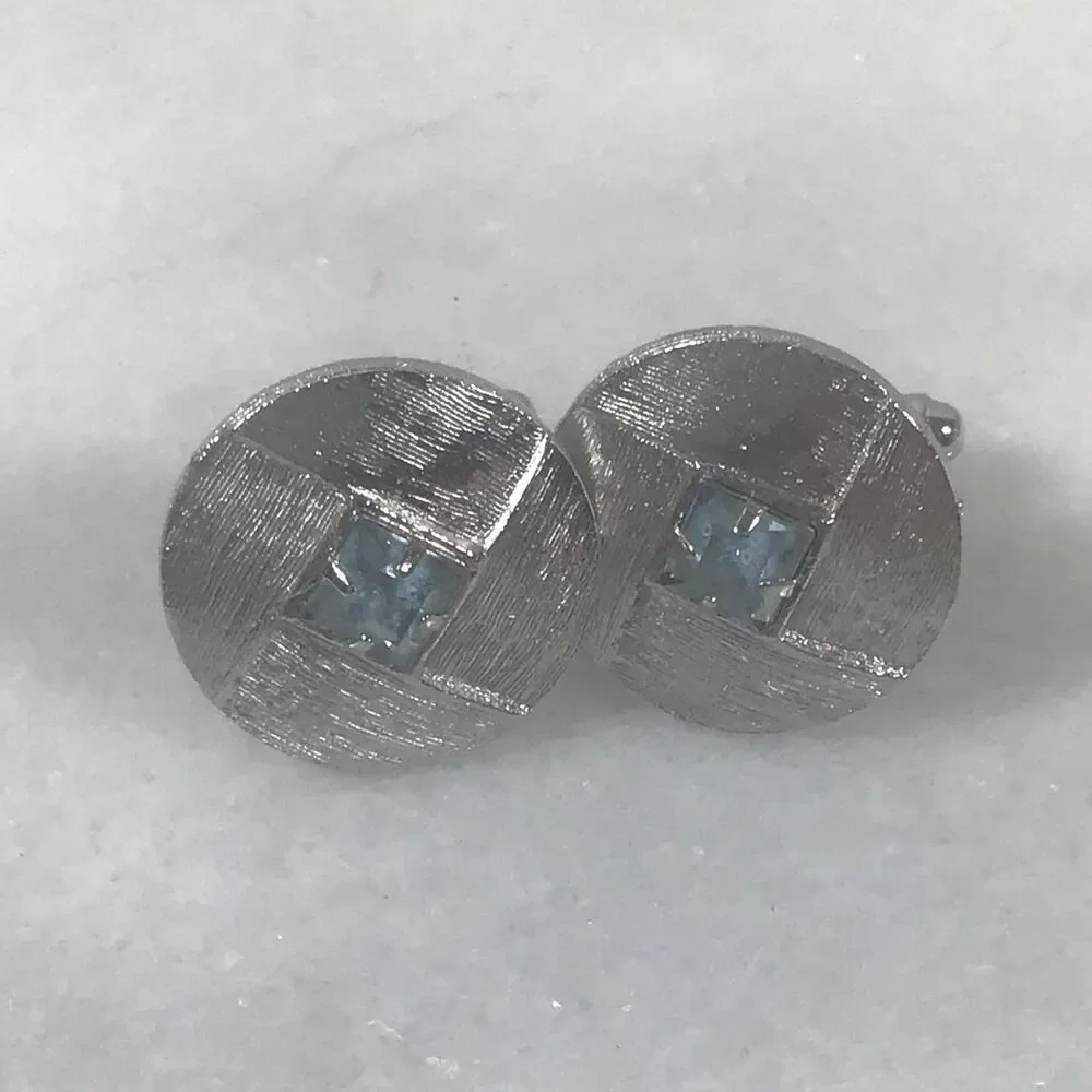 Vintage Silver Tone MCM Round Cufflinks - Sky Blue Square Stone Textured Bezel